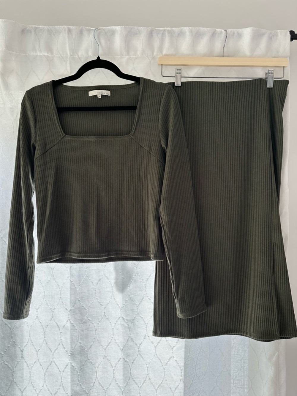 Ribbed Olive Green Two-Piece Set - Long Sleeve Crop Top & Skirt